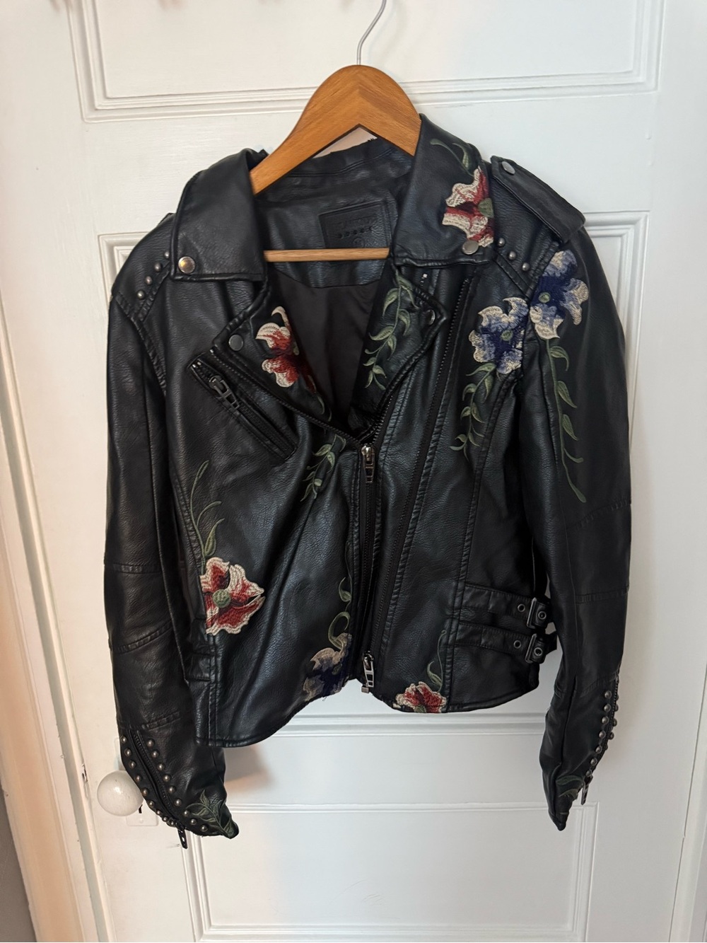 Blank NYC Black Vegan Leather Moto Jacket with Red & Blue Floral Embroidery